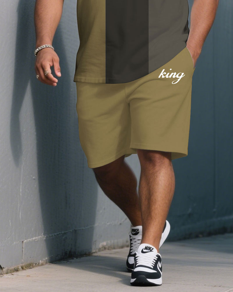 Big & Tall Khaki Gray Colorblock T-Shirt Shorts Set for big men view 3