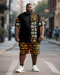 Big & Tall Black Orange Geometric T-Shirt Shorts Set for big men view 1