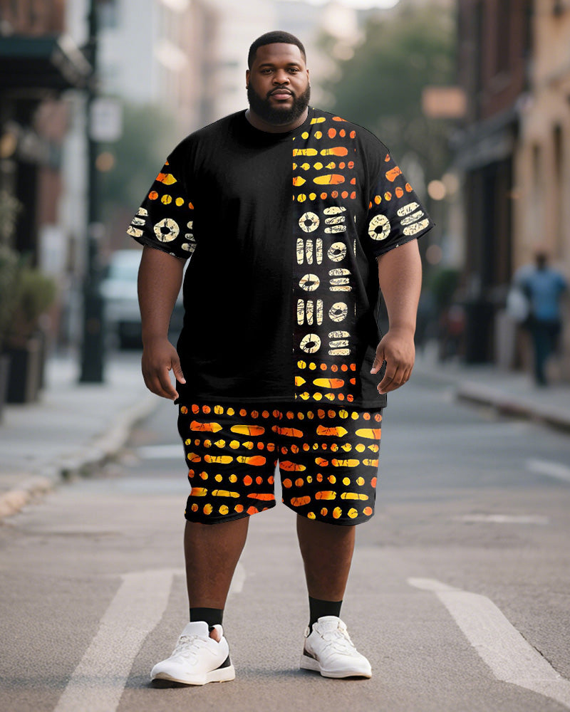 Big & Tall Black Orange Geometric T-Shirt Shorts Set for big men view 1