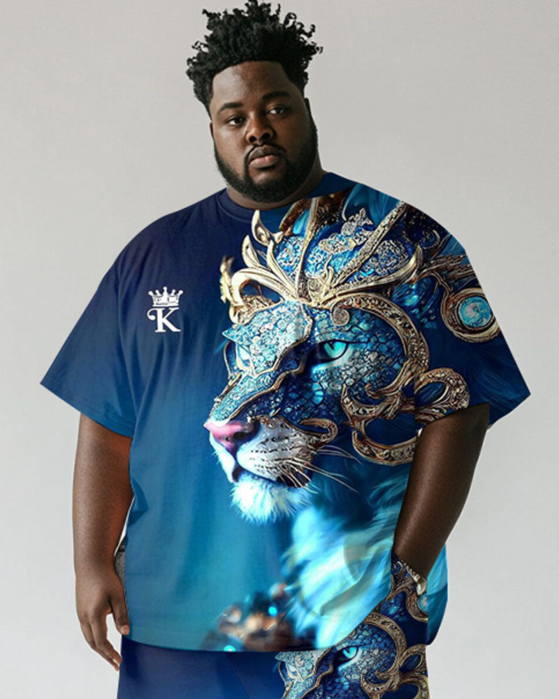 Big & Tall Blue Graphic Streetwear T-Shirt Shorts Set for big men view 2