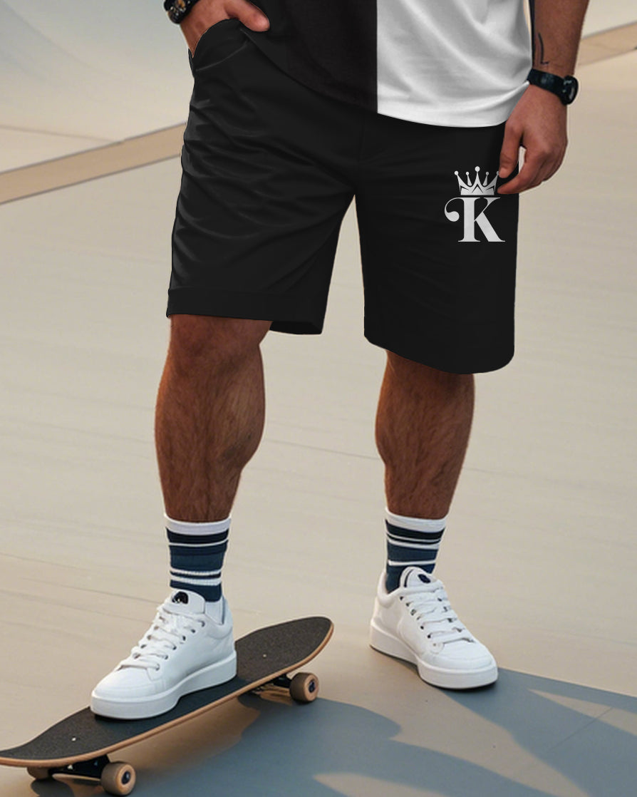 Big & Tall Black White Graphic T-Shirt Shorts Set for big men view 3