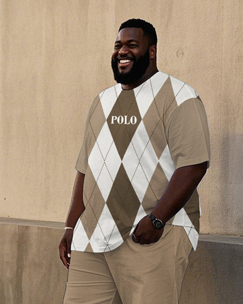 Big & Tall White Brown Plaid Polo Pants Set for big men view 2