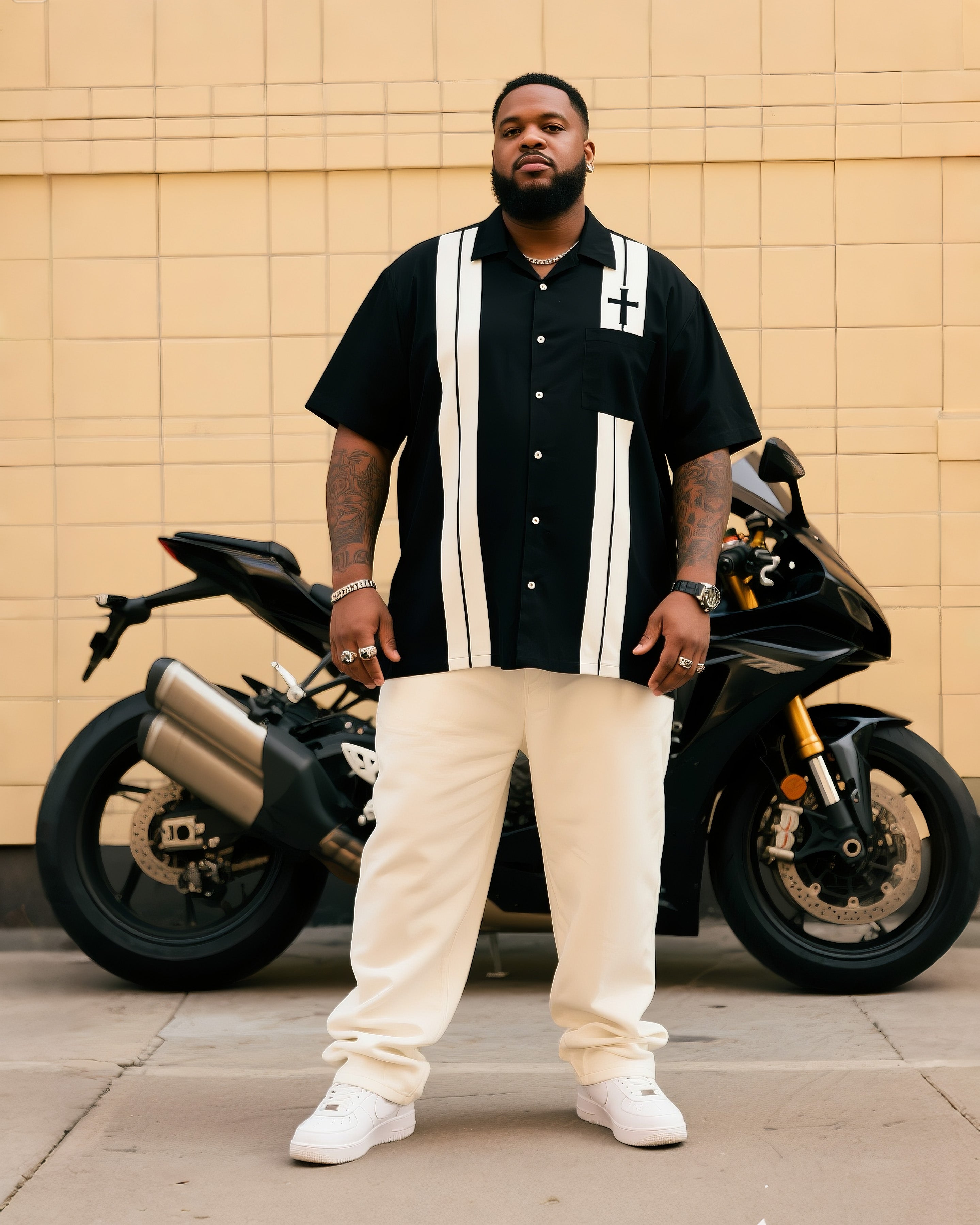 Big & Tall Black Geometric Striped T-Shirt Pants Set for big men view 1
