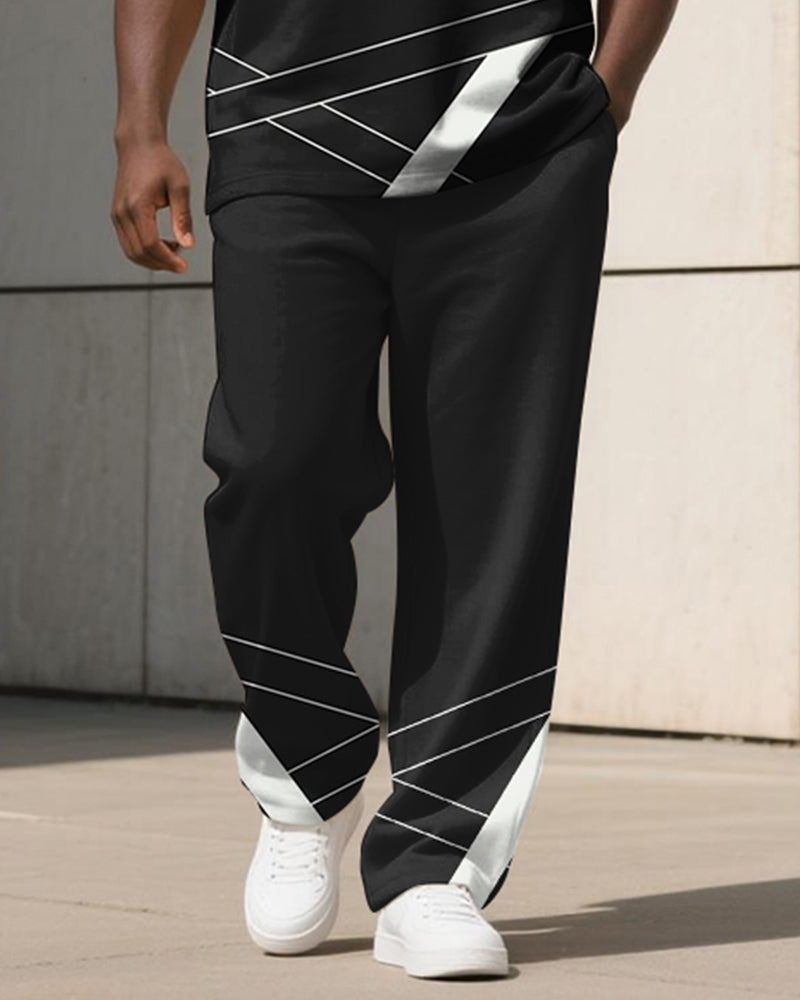 Big & Tall Black Geometric Striped T-Shirt Pants Set for big men view 3