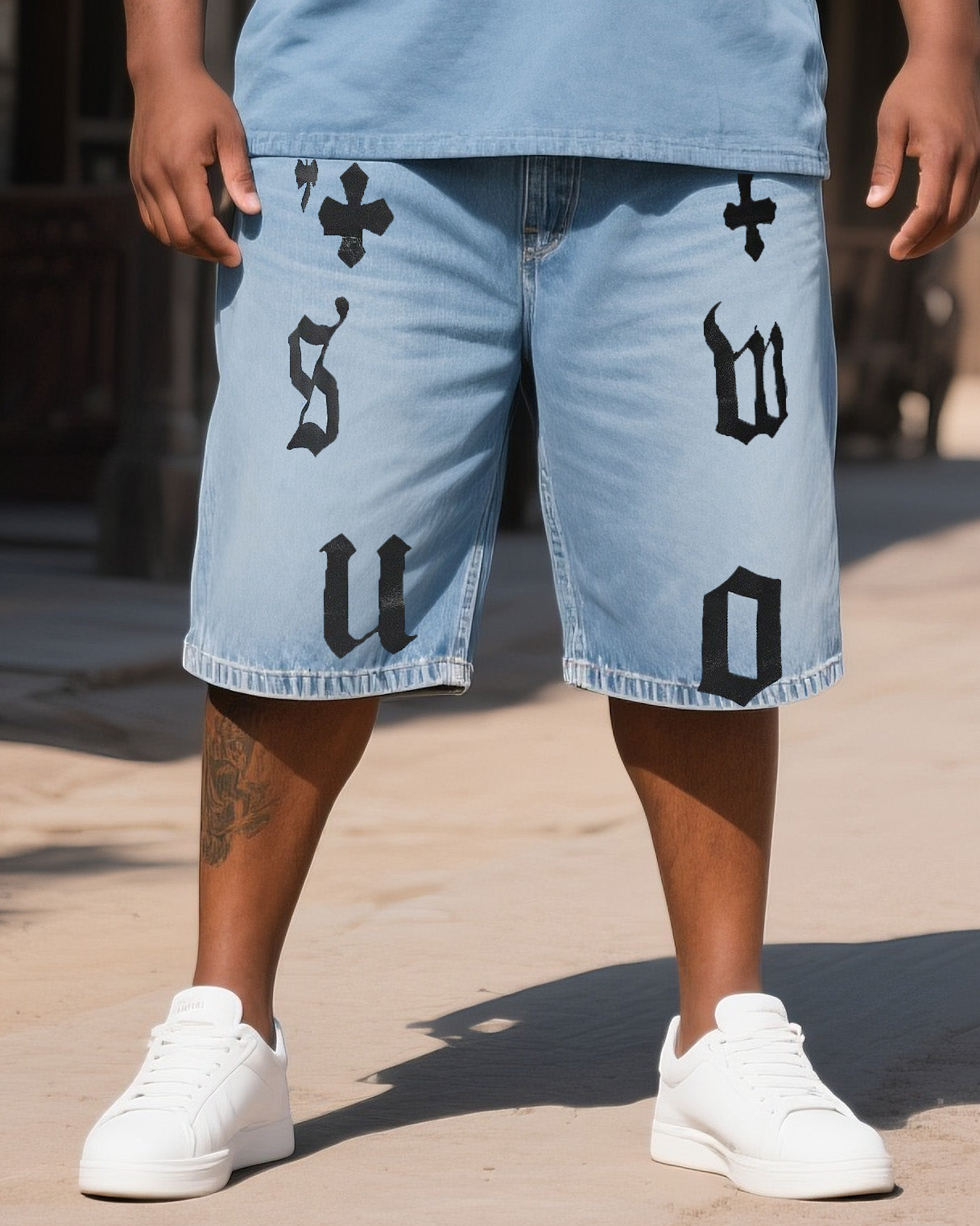 Big & Tall Denim Graphic T-Shirt Shorts Set for big men view 3