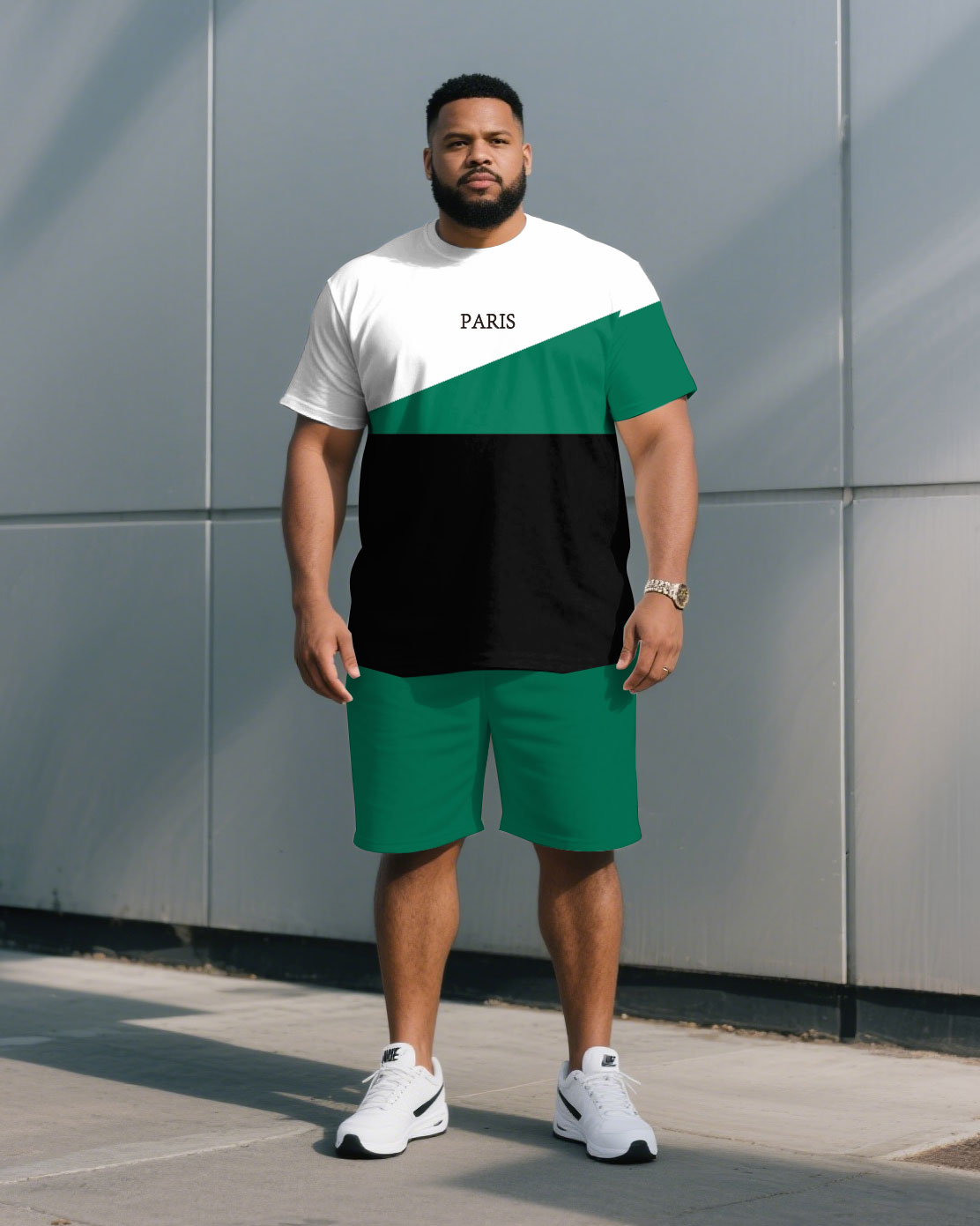 Big & Tall Black White Colorblock T-Shirt Shorts Set for big men view 1