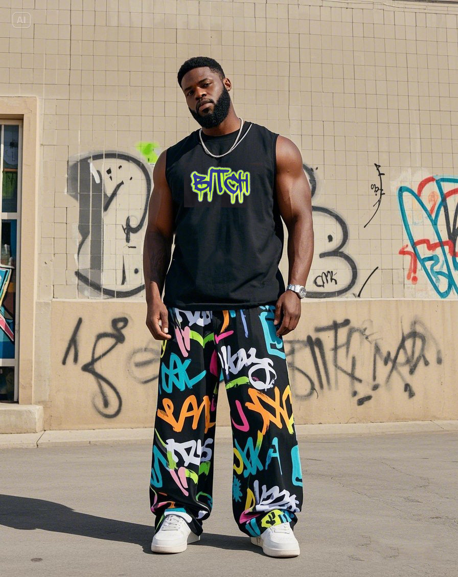 Big & Tall Striped Graffiti Streetwear Vest Pants Set for big men view 1