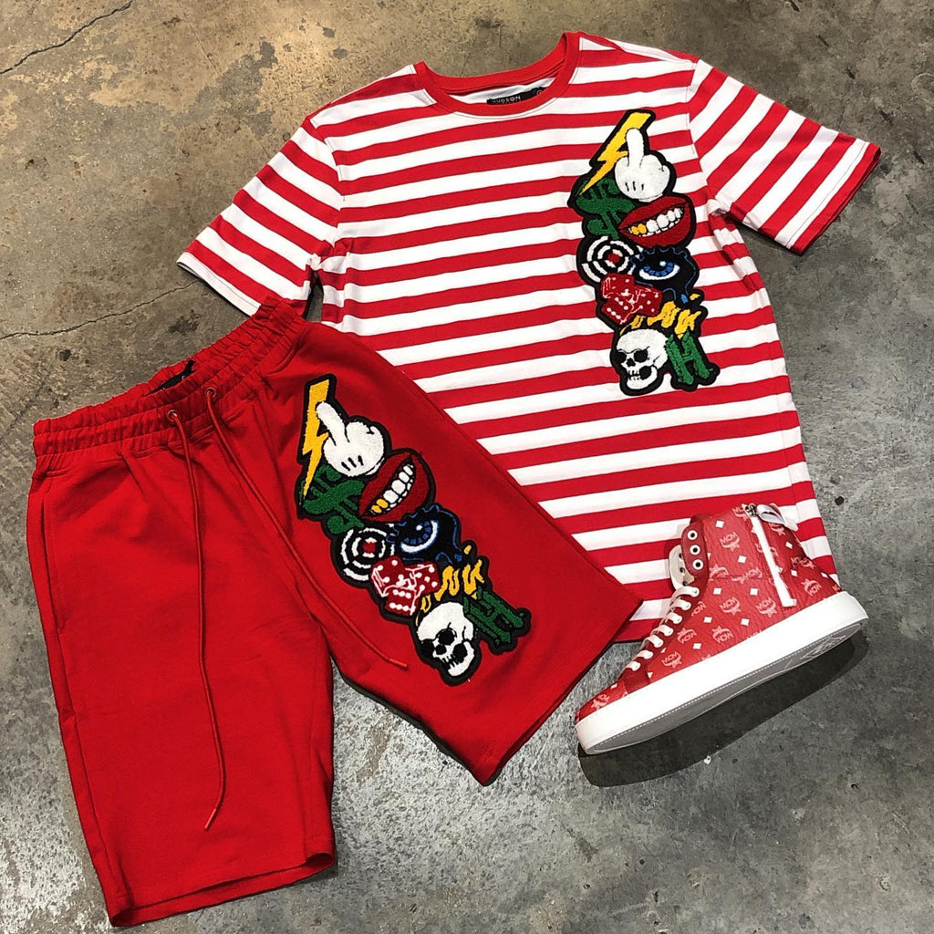 Big & Tall Red Striped T-Shirt Shorts Set for big men view 2