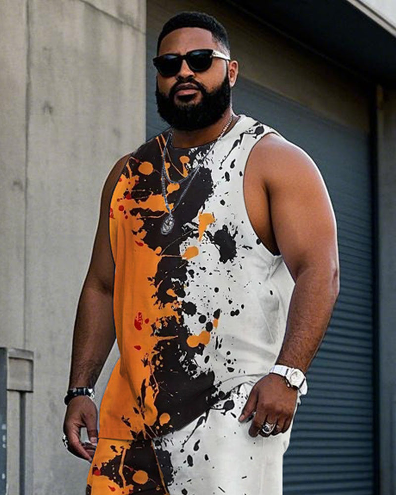 Big & Tall Orange Colorblock Vest Pants Set for big men view 2