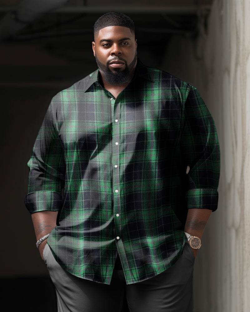 Big & Tall Black Green Plaid Long Sleeve Shirt for big men