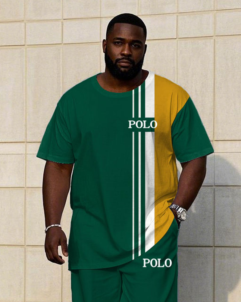 Big & Tall Green Yellow Colorblock T-Shirt Pants Set for big men view 2