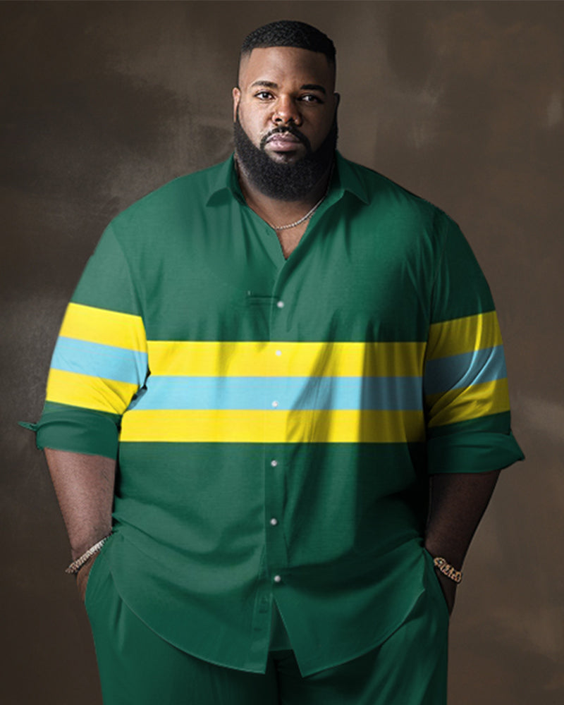 Big & Tall Green Yellow Colorblock Shirt Pants Set for big men view 2