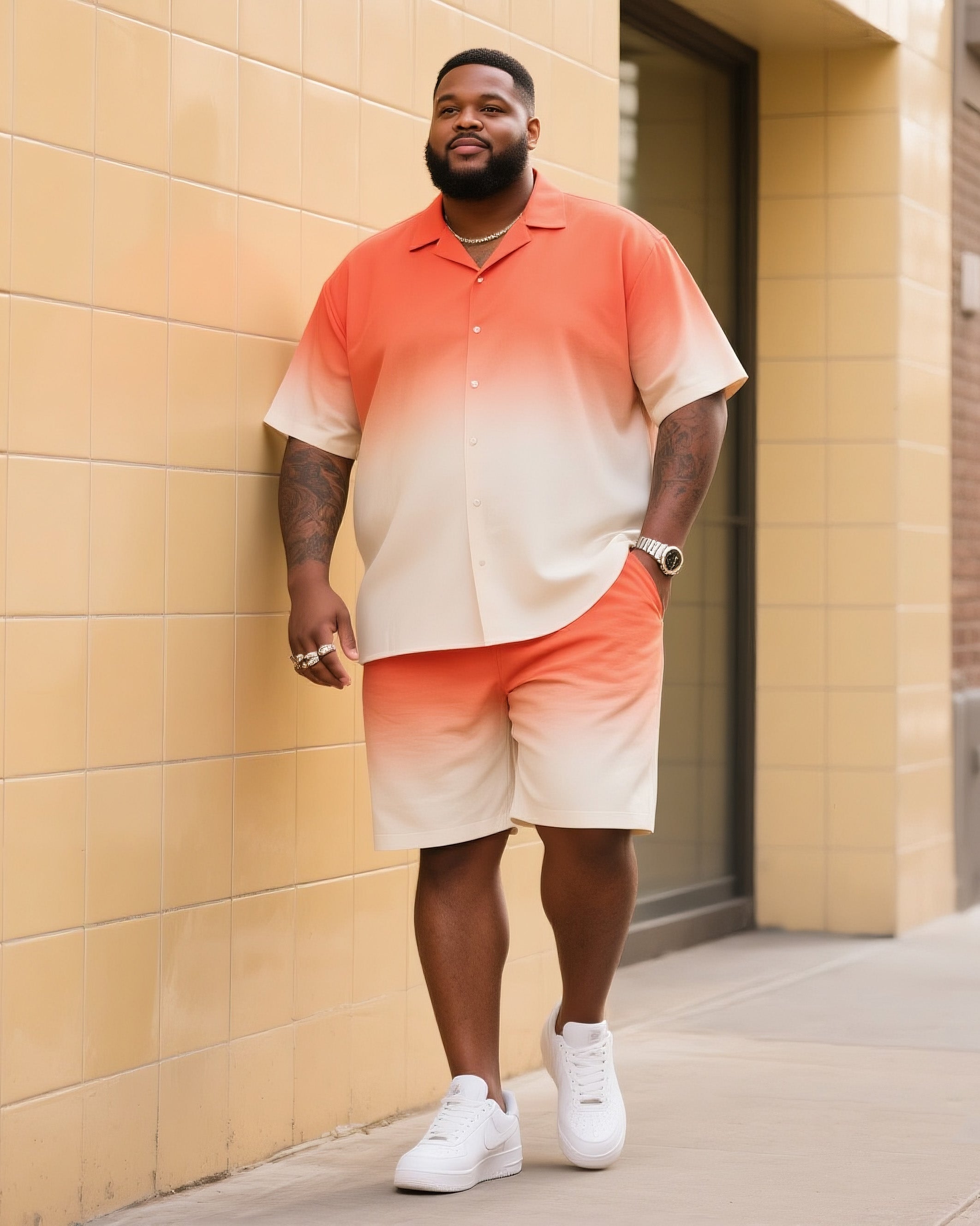 Big & Tall Orange Gradient T-Shirt Shorts Set for big men view 1