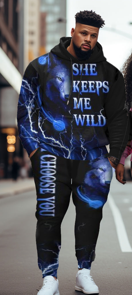 Big & Tall Blue Pink Graphic Hoodie Sweatpants Set for big men view 2