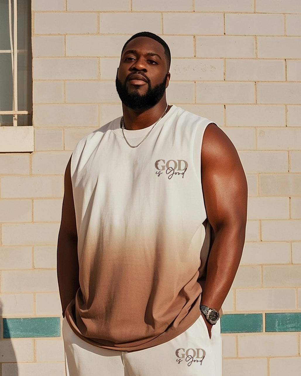 Big & Tall White Khaki Gradient Vest Pants Set for big men view 2