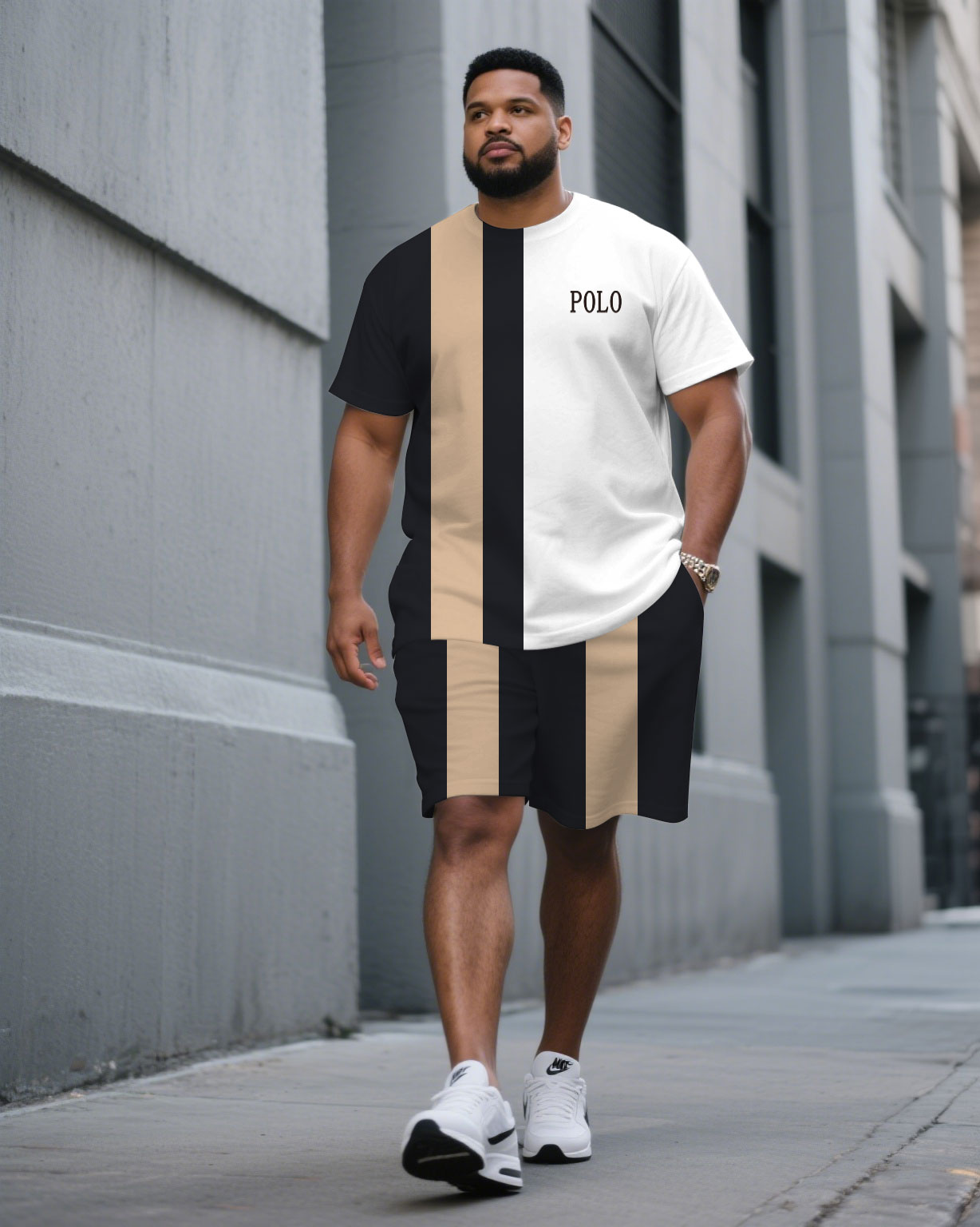 Big & Tall Black White Colorblock T-Shirt Shorts Set for big men view 1