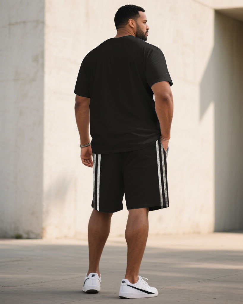 Big & Tall Black Striped T-Shirt Shorts Set for big men view 4