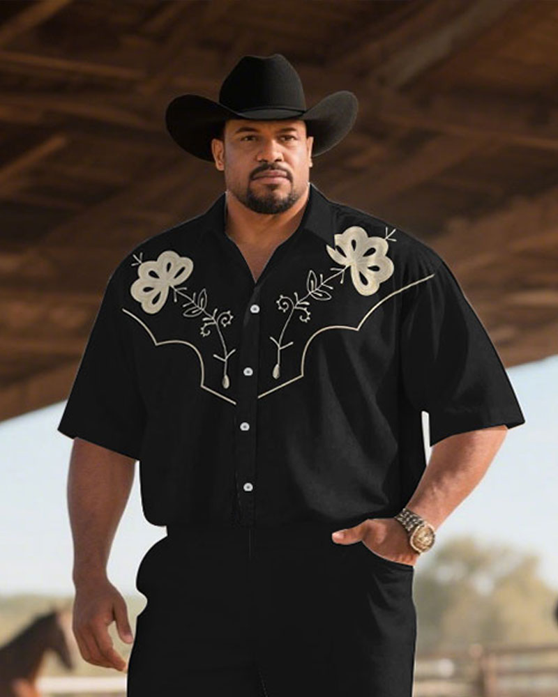 Big & Tall Black Western Denim T-Shirt Pants Set for big men view 2