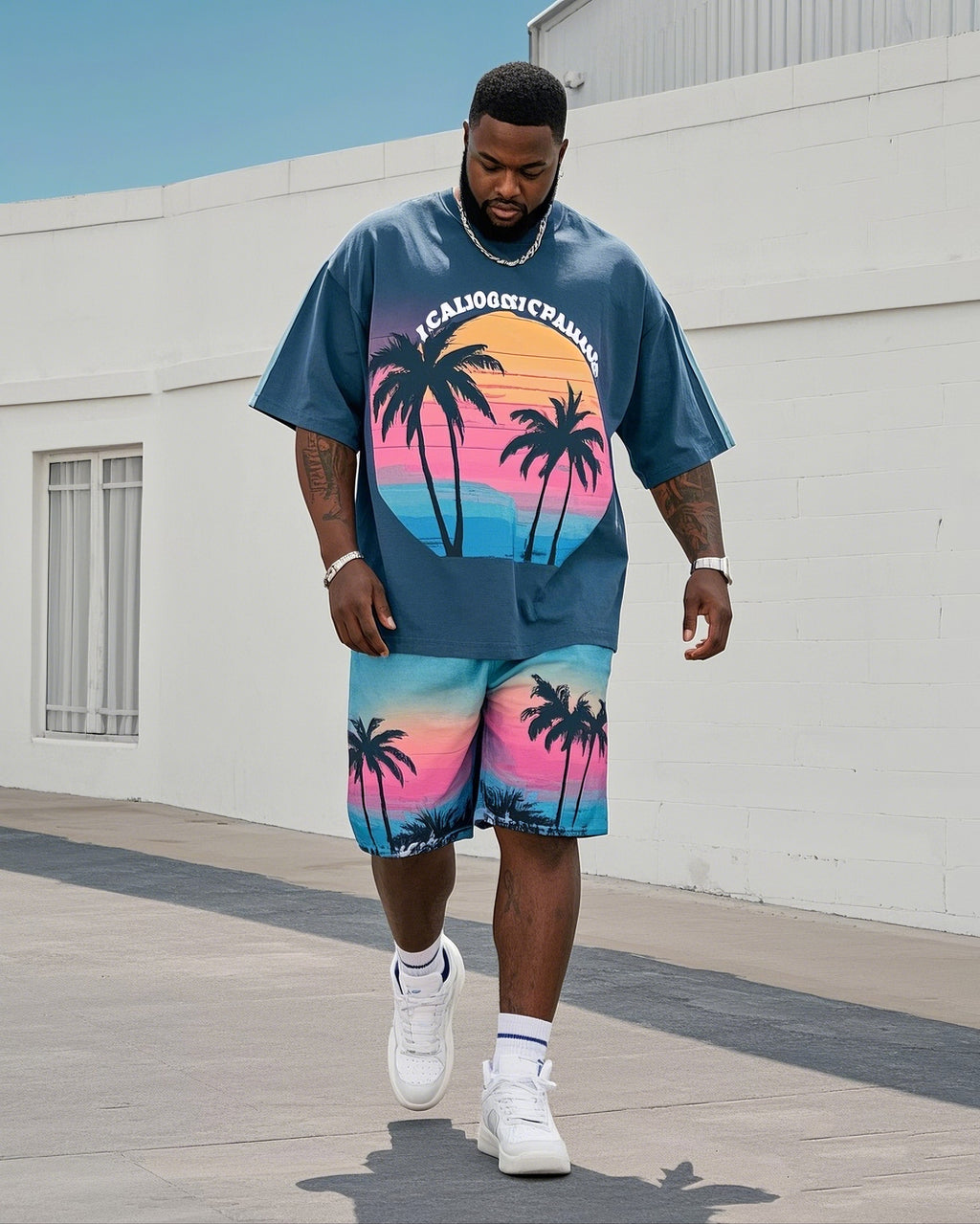 Big & Tall Hawaiian Graphic T-Shirt Shorts Set for big men view 1