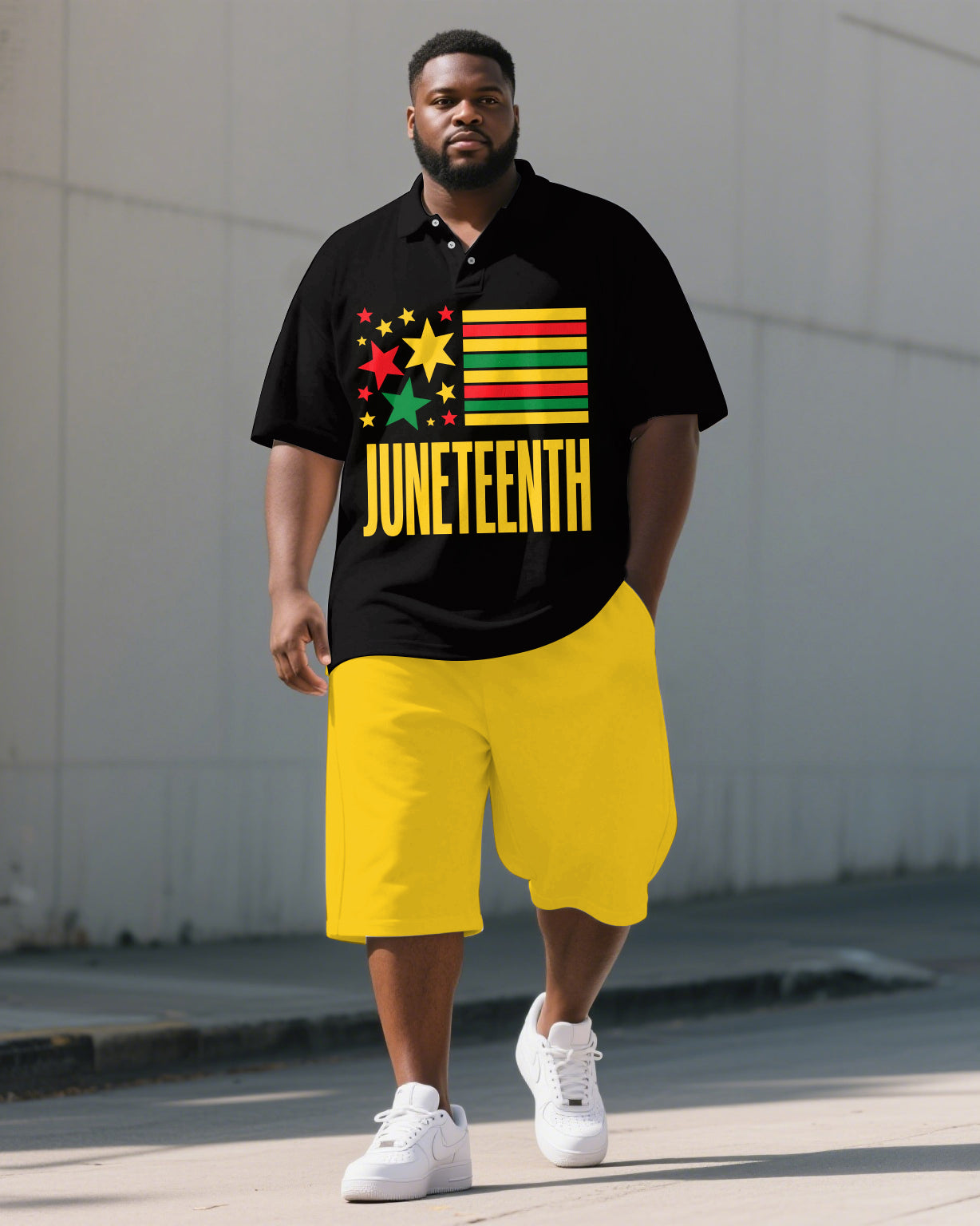 Big & Tall Juneteenth Striped Graphic Polo Shorts Set for big men view 1