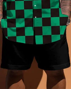Big & Tall Green Plaid Graphic T-Shirt Shorts Set for big men view 3