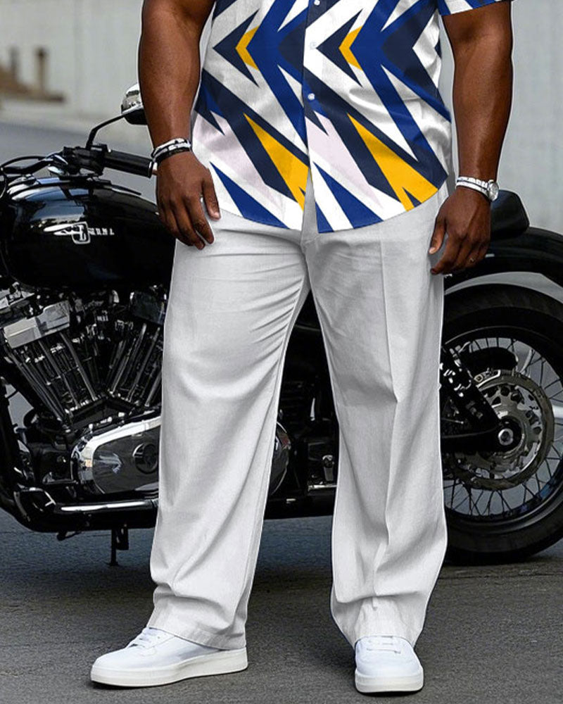 Big & Tall White Blue Geometric T-Shirt Pants Set for big men view 3