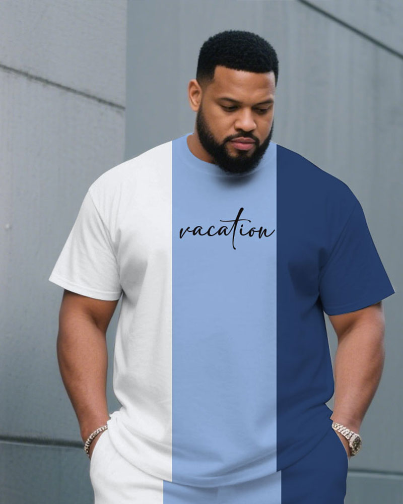 Big & Tall White Blue Colorblock T-Shirt Pants Set for big men view 2