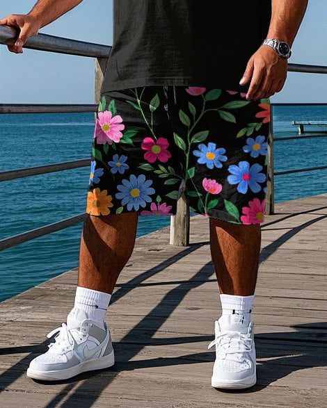 Big & Tall Striped Floral Polo Shorts Set for big men view 3