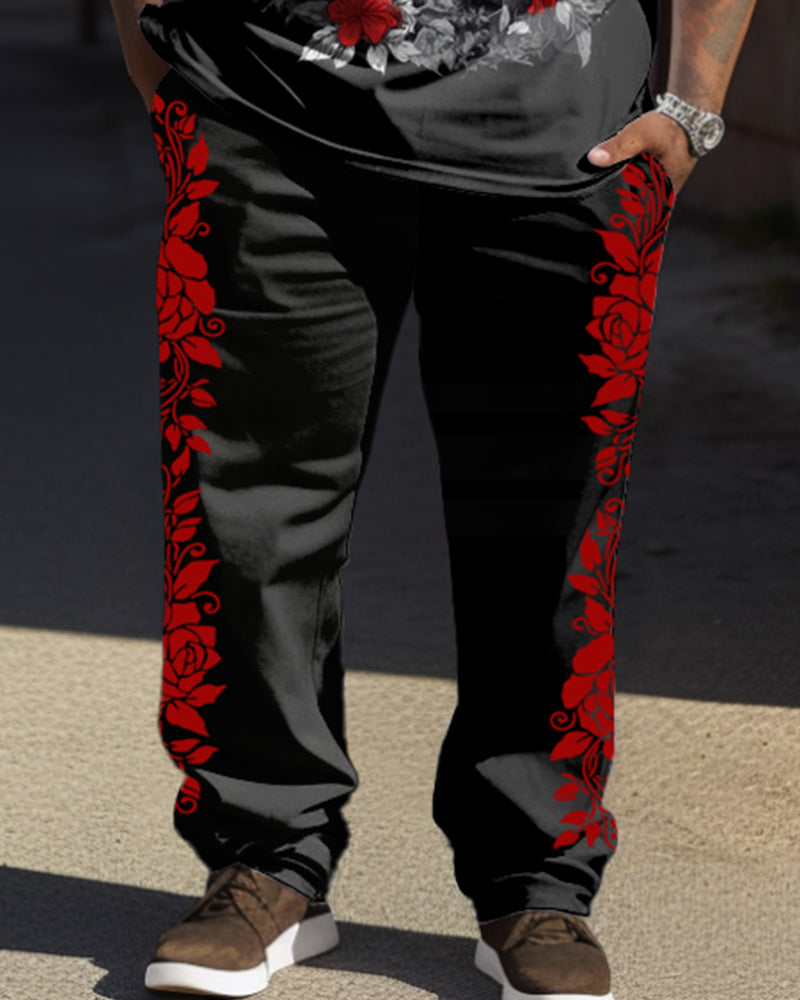 Big & Tall Graphic Floral Skull T-Shirt Pants Set for big men view 3
