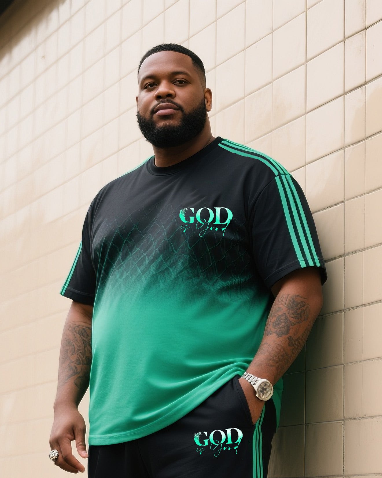 Big & Tall Black Green Gradient T-Shirt Pants Set for big men view 2