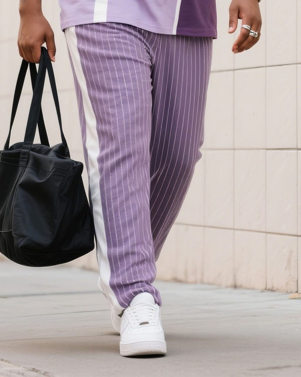 Big & Tall Purple Striped Streetwear Two-piece Set for big men view 3