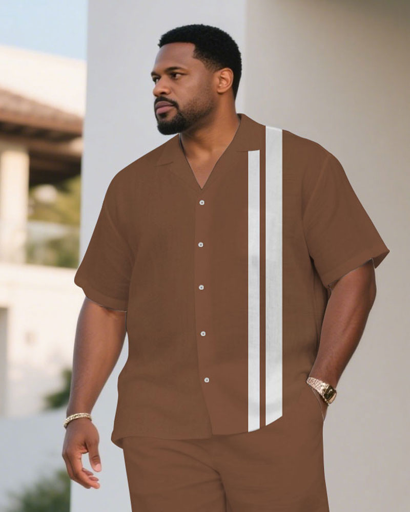 Big & Tall White Brown Colorblock T-Shirt Shorts Set for big men view 2