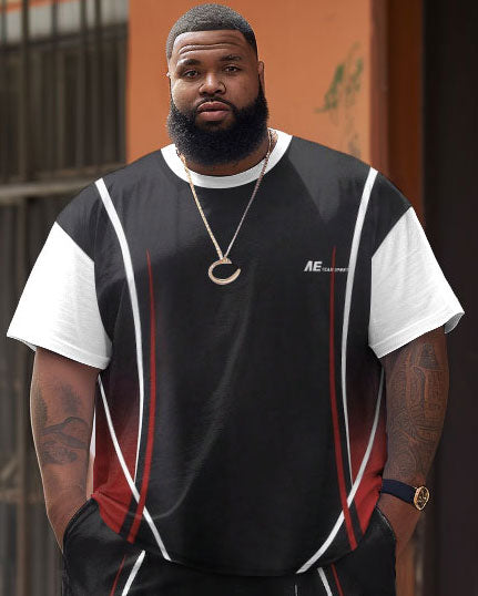 Big & Tall Striped Streetwear T-Shirt Shorts Set for big men view 3