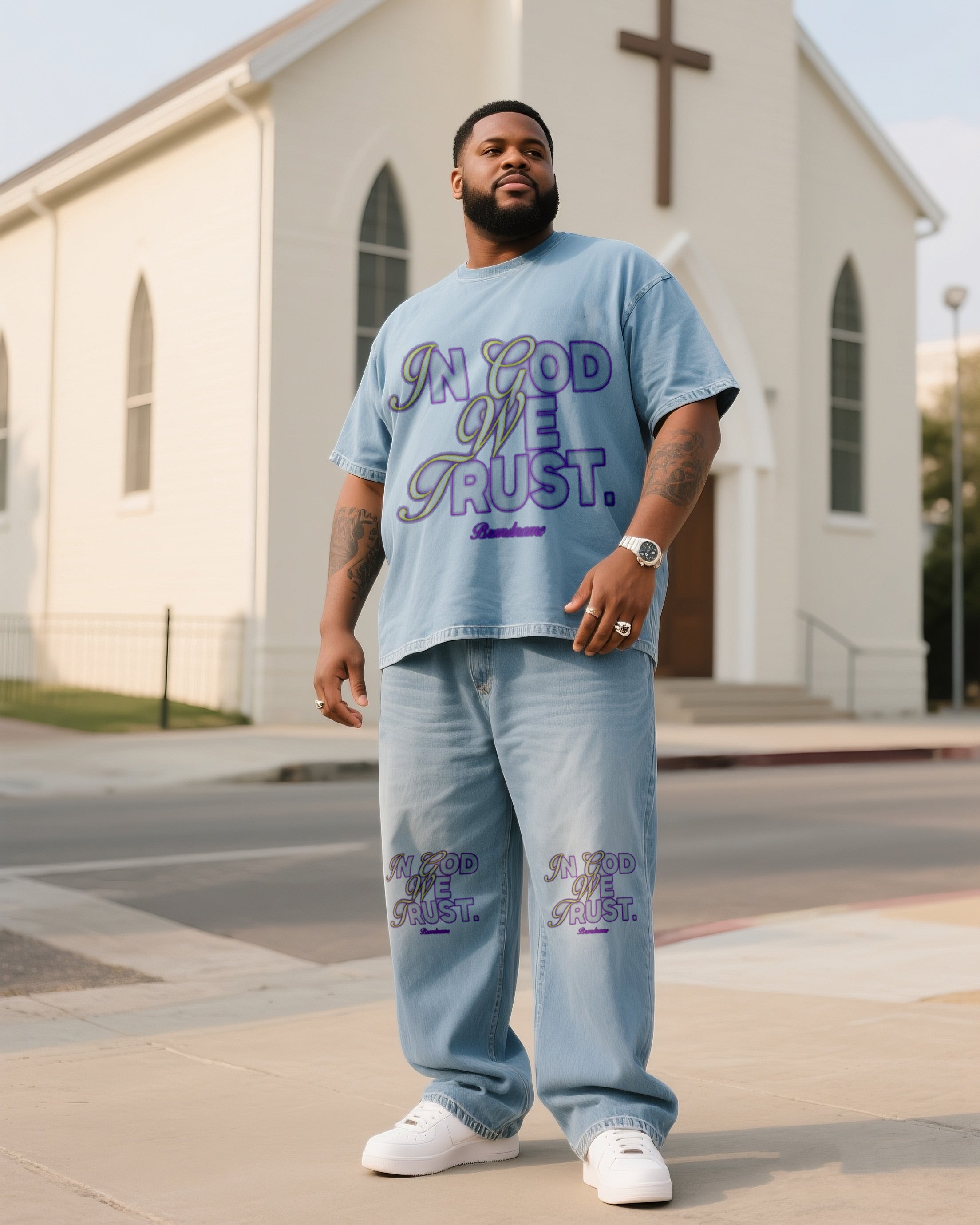Big & Tall Denim T-Shirt Pants Set for big men view 1