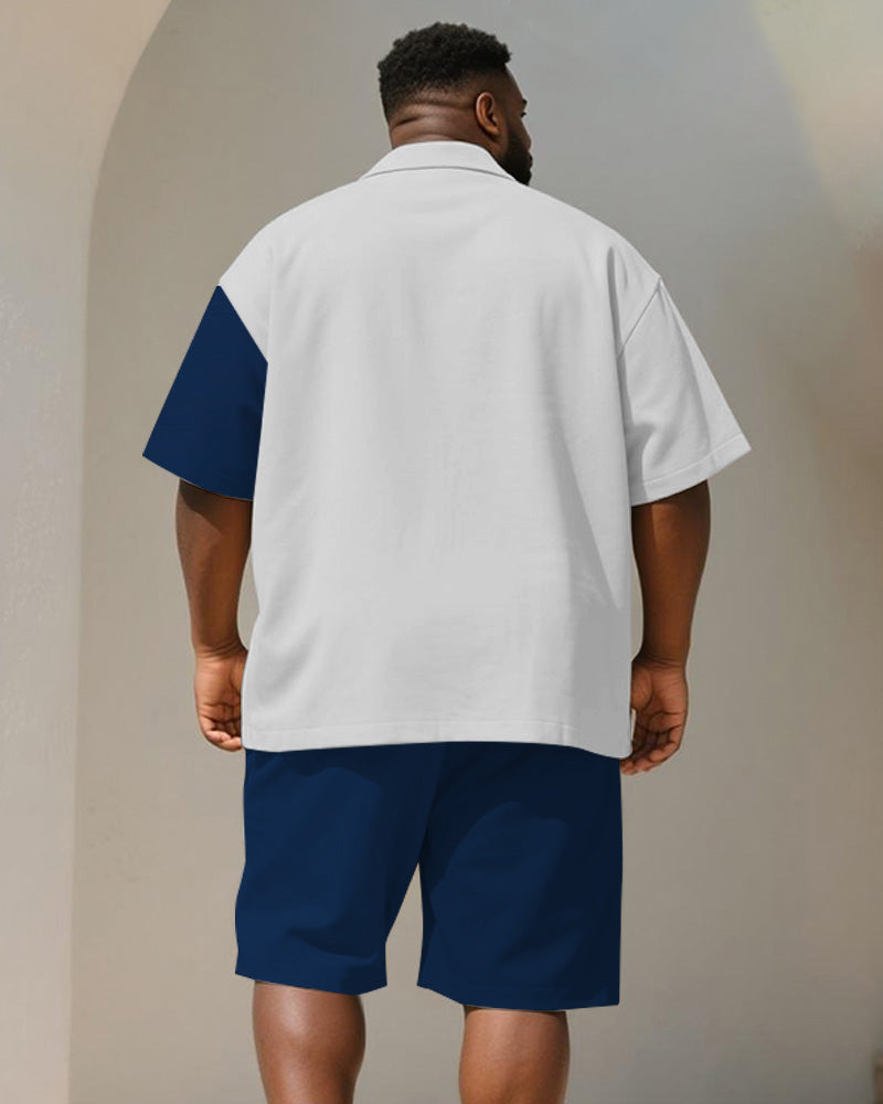 Big & Tall Blue Geometric Striped T-Shirt Shorts Set for big men view 4