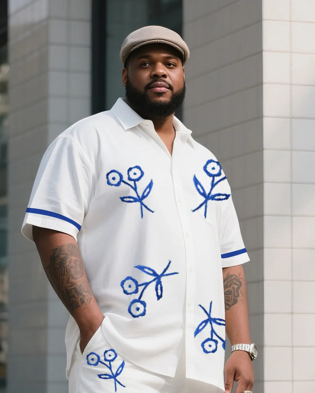 Big & Tall Blue Graphic Floral T-Shirt Pants Set for big men view 2