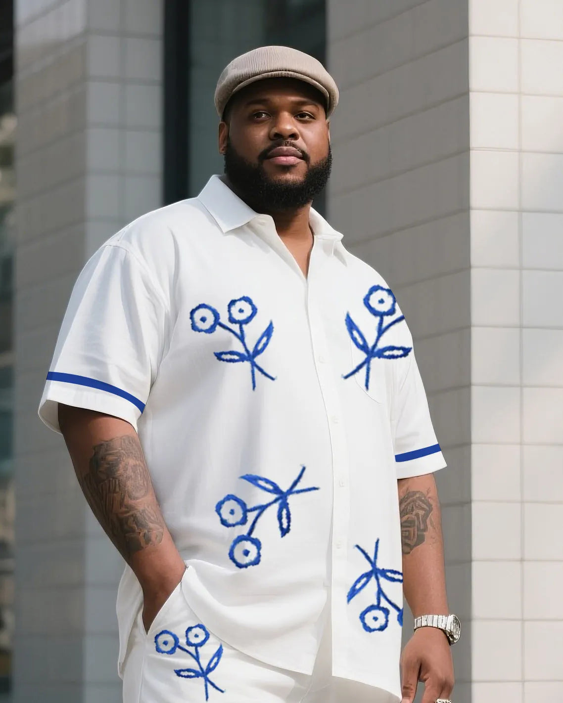 Big & Tall Blue Graphic Floral T-Shirt Pants Set for big men view 2