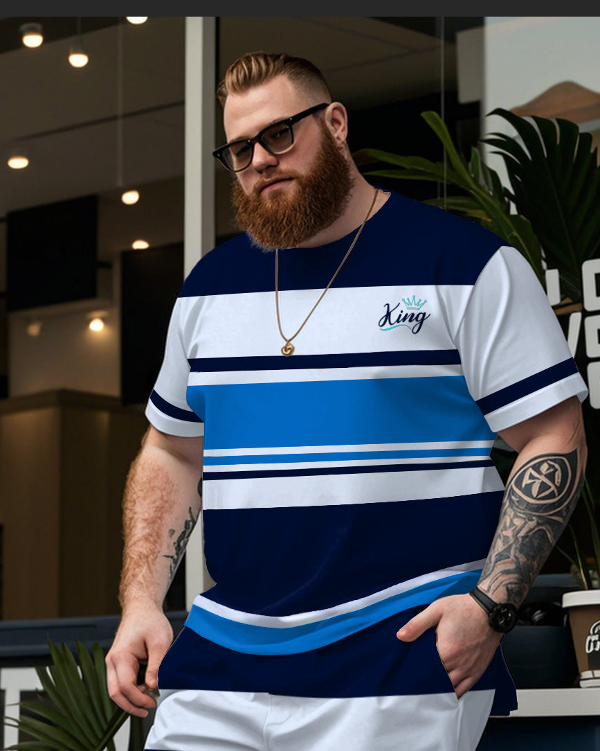 Big & Tall Blue Striped Graphic T-Shirt Shorts Set for big men view 2