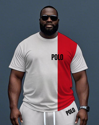 Big & Tall White Red Colorblock T-Shirt Pants Set for big men view 2