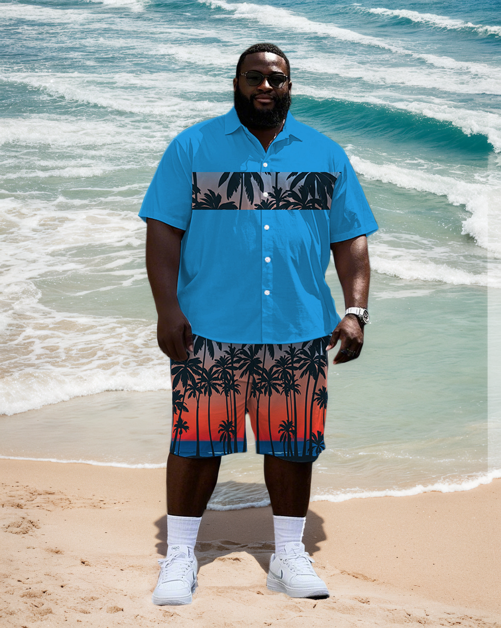 Big & Tall Hawaiian Colorblock T-Shirt Shorts Set for big men view 1