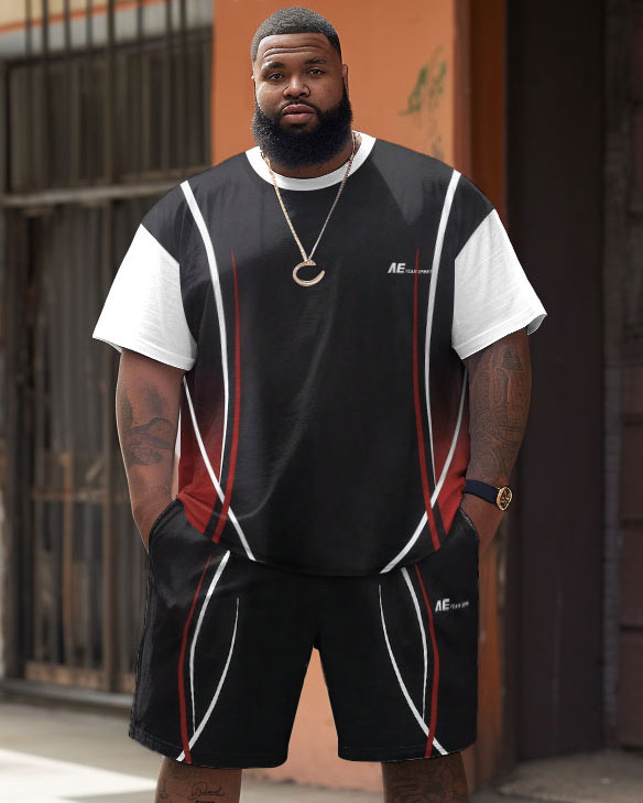 Big & Tall Striped Streetwear T-Shirt Shorts Set for big men view 1