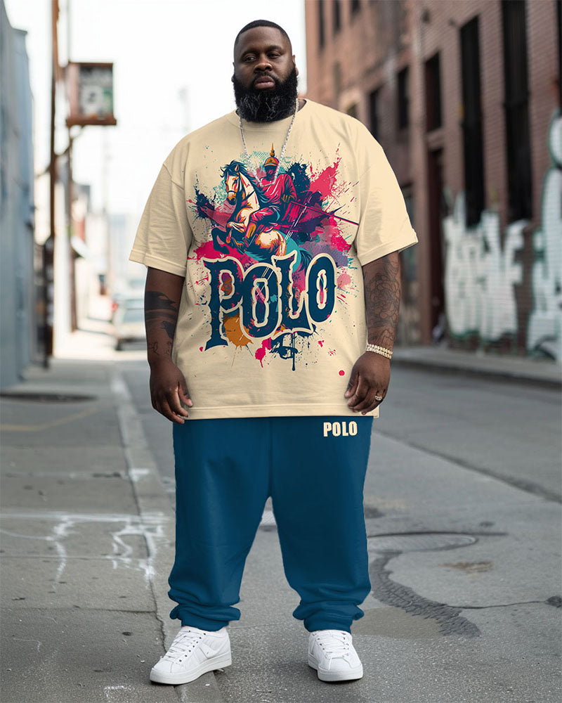 Big & Tall Khaki Graphic Streetwear T-Shirt Pants Set for big men view 1