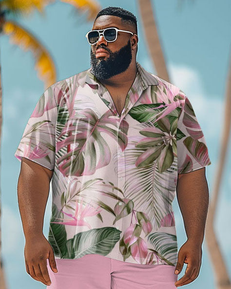 Big & Tall Pink Hawaiian Graphic T-Shirt Shorts Set for big men view 3