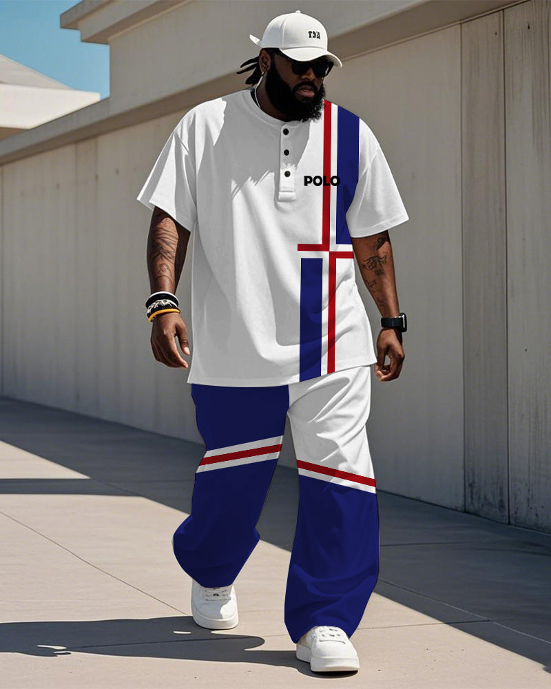 Big & Tall Blue Red Colorblock T-Shirt Pants Set for big men view 1