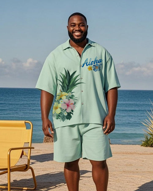 Big & Tall Green Hawaiian Graphic T-Shirt Shorts Set for big men view 1
