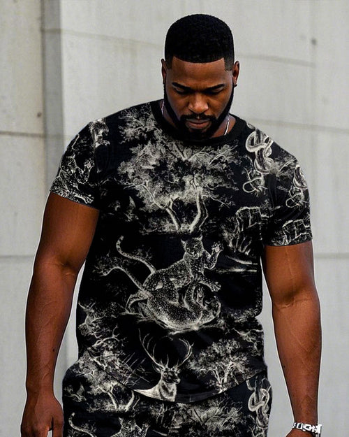 Big & Tall Black Streetwear T-Shirt Shorts Set for big men view 2