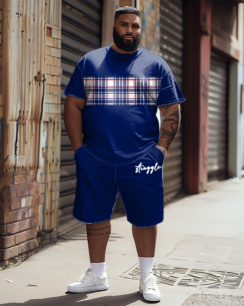 Big & Tall Plaid Graphic Patchwork T-Shirt Shorts Set for big men view 1