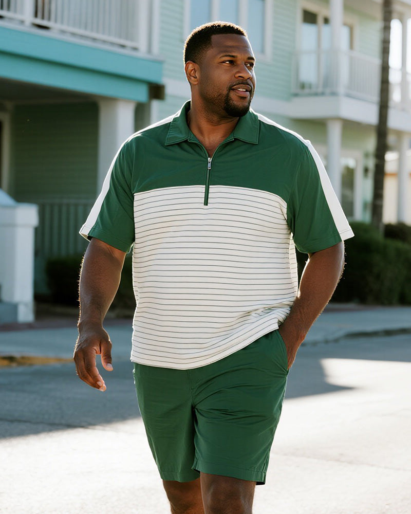 Big & Tall Green Striped Patchwork Polo Shorts Set for big men view 1