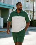 Big & Tall Green Striped Patchwork Polo Shorts Set for big men view 1