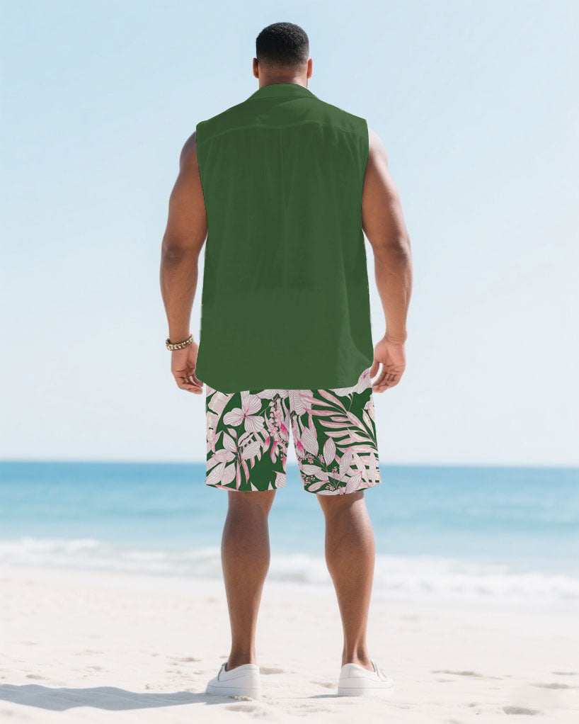 Big & Tall Green Hawaiian T-Shirt Shorts Set for big men view 4